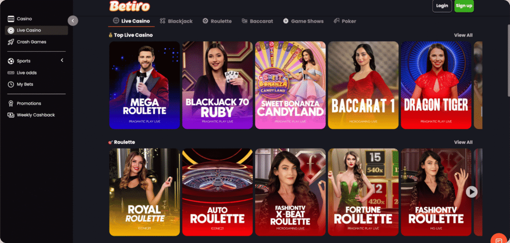 Betiro screenshot van de live casino pagina