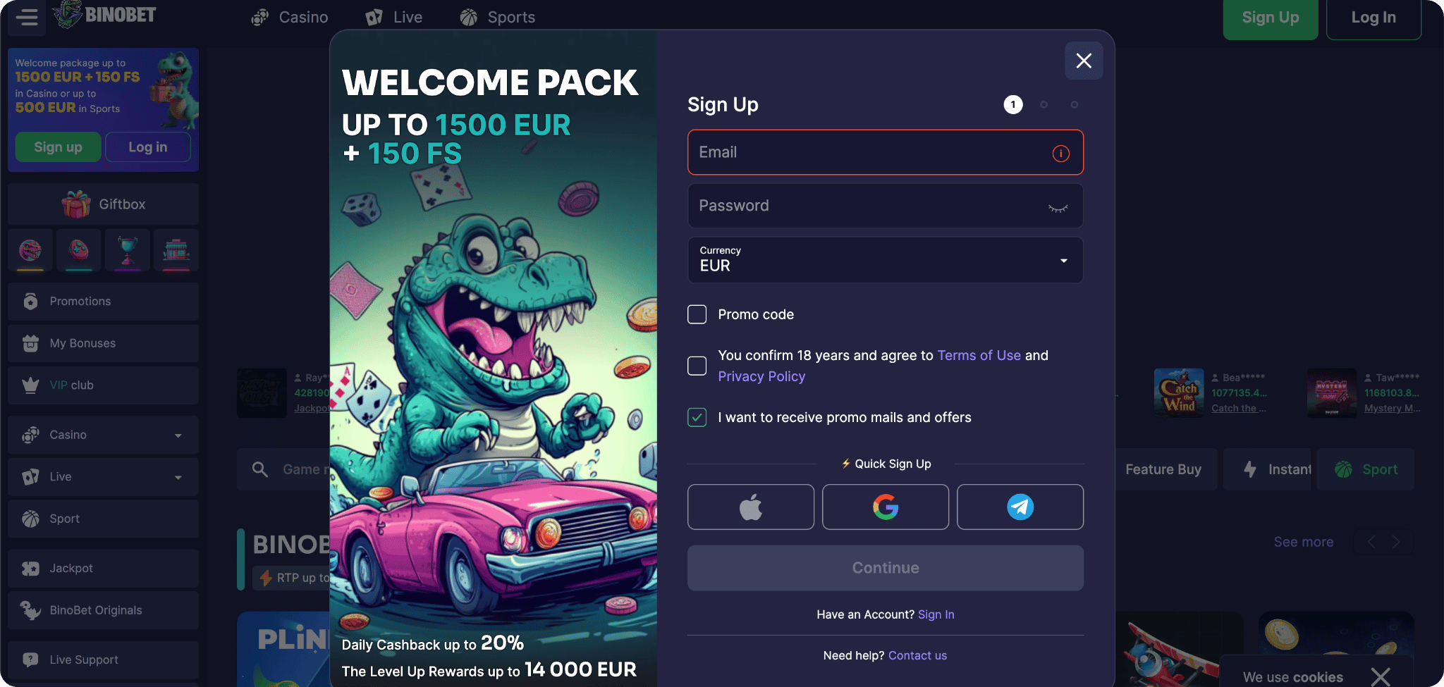 Binobet screenshot van de registratiepagina