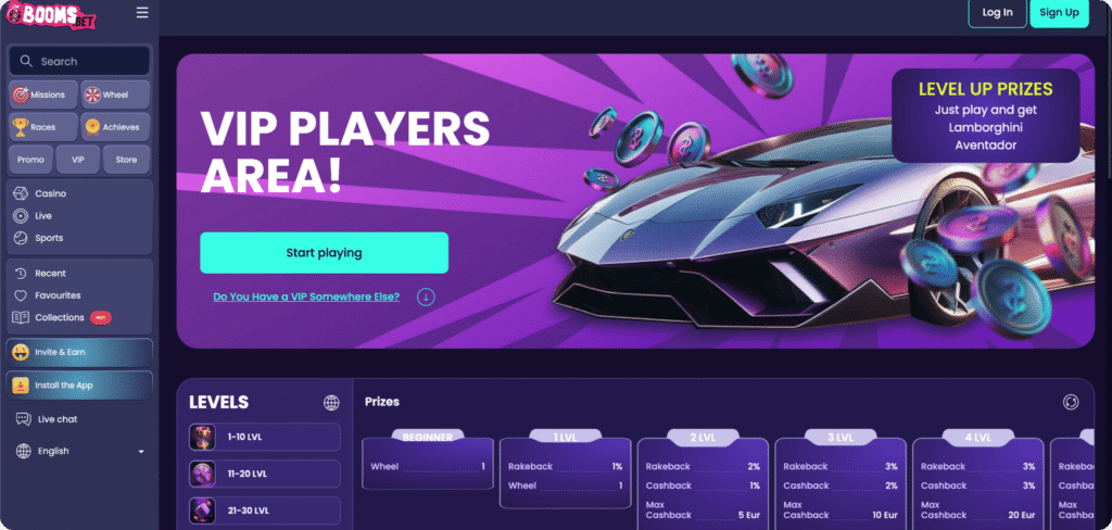 Booms.bet screenshot van de vip pagina