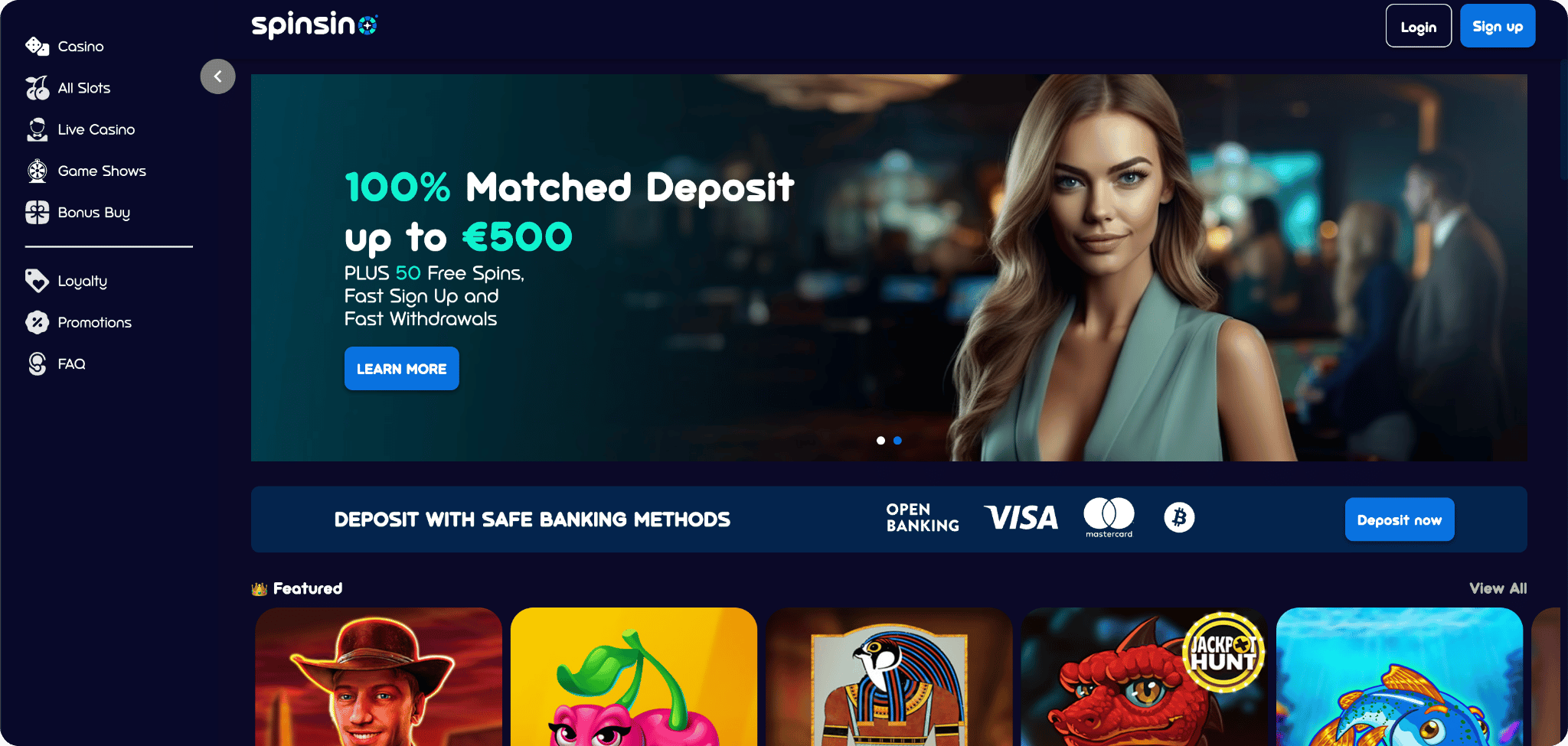 Spinsino screenshot van de startpagina